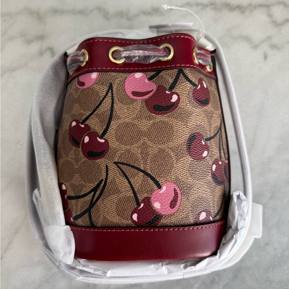 Coach Mini Bucket Bag In Signature Canvas With Cherry Print - Picture 4 of 10